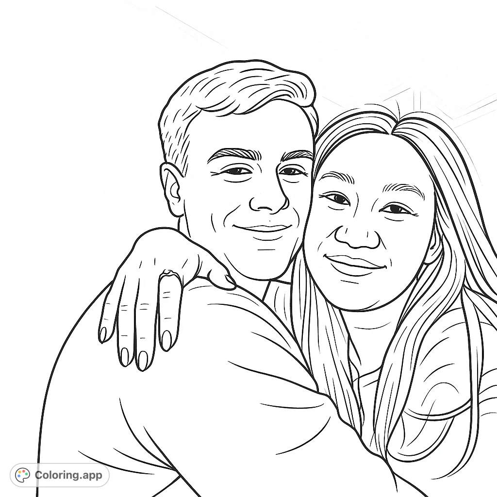A heartwarming portrait of a couple embracing, perfect for expressing affection and connection through coloring.