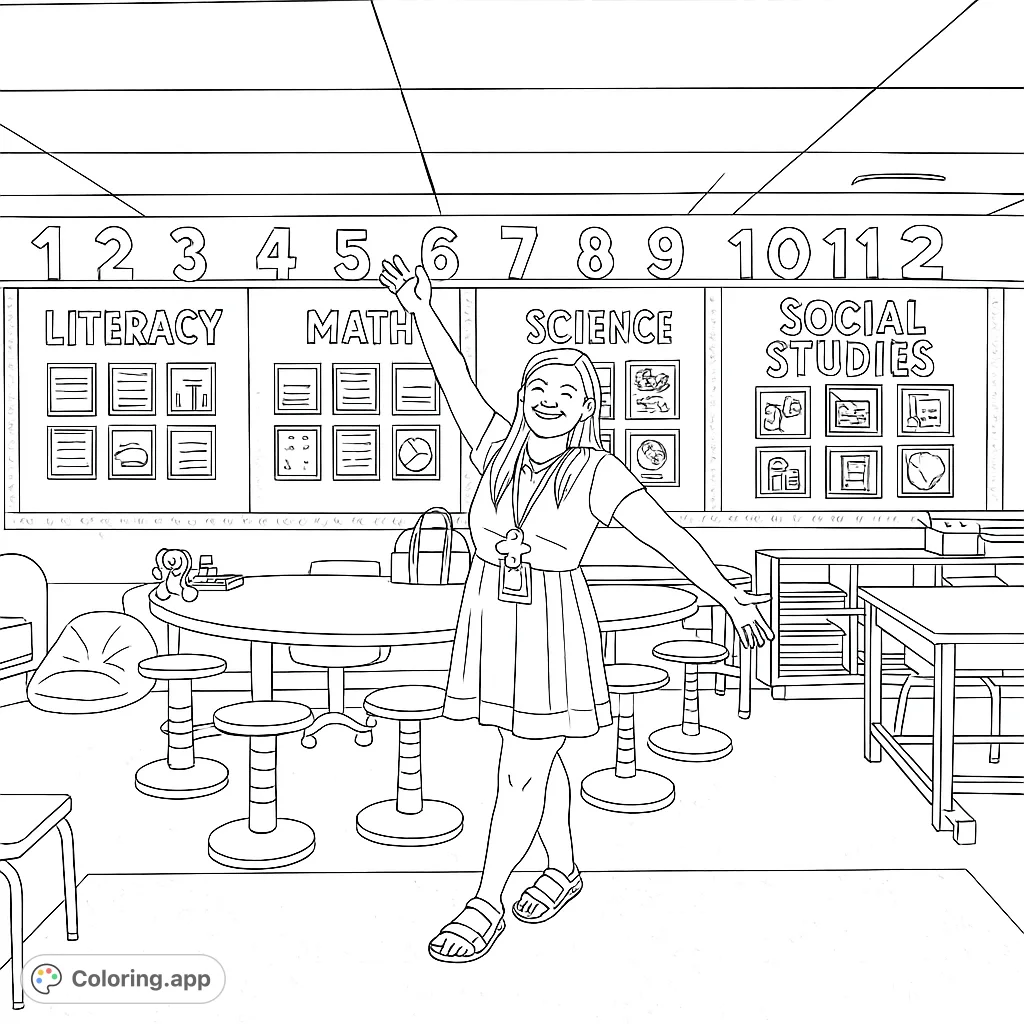 Step into a vibrant classroom scene with a welcoming teacher, ready for a day of learning. Explore bulletin boards and school essentials.