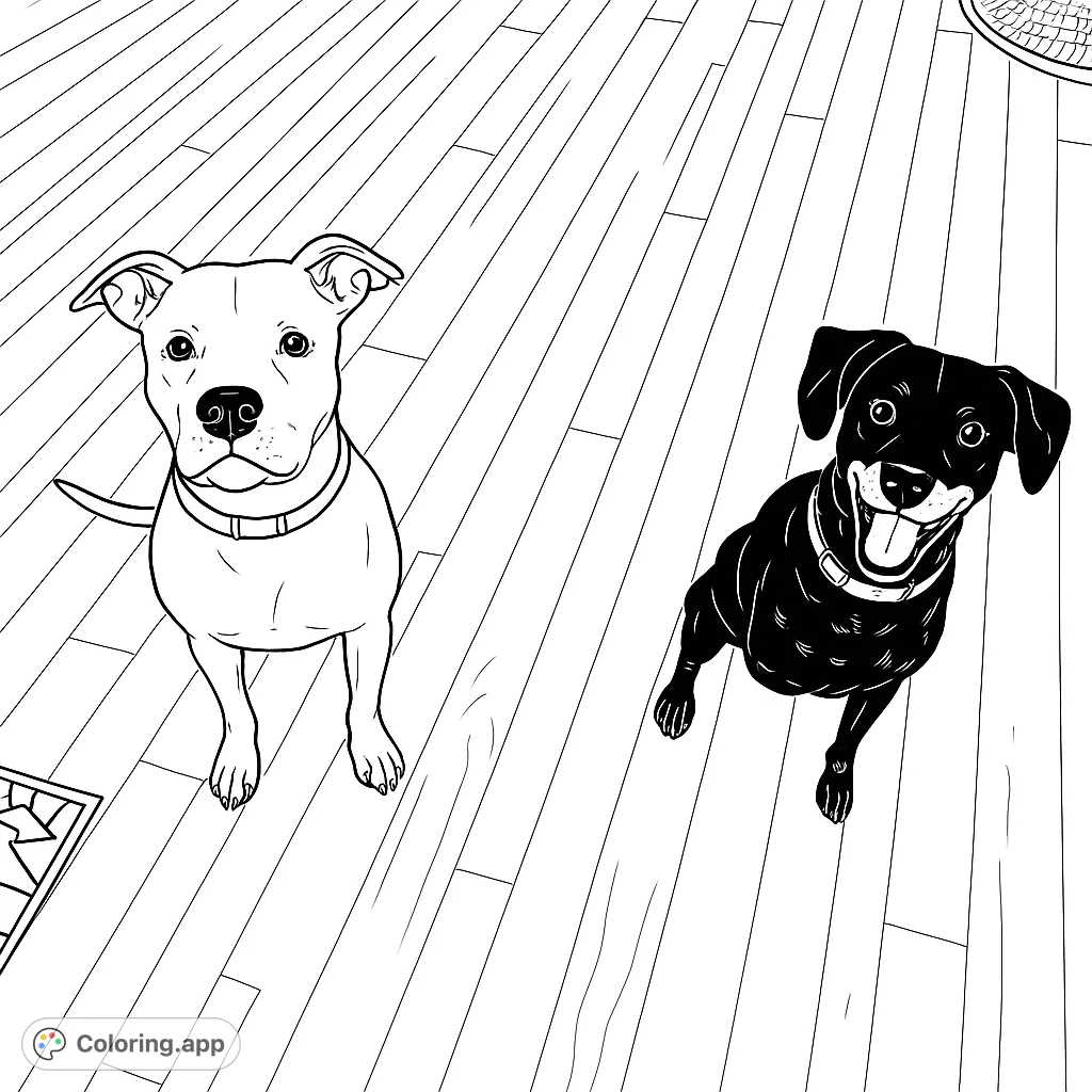 Meet two adorable canine friends, one smooth-coated and one patterned, sitting patiently on a wooden floor. A delightful pet-themed coloring page.