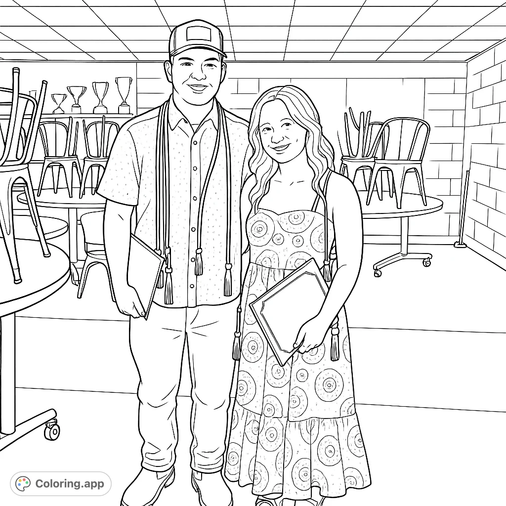Celebrate academic success with this detailed graduation coloring page featuring two proud graduates and their diplomas. Perfect for commemorating milestones!