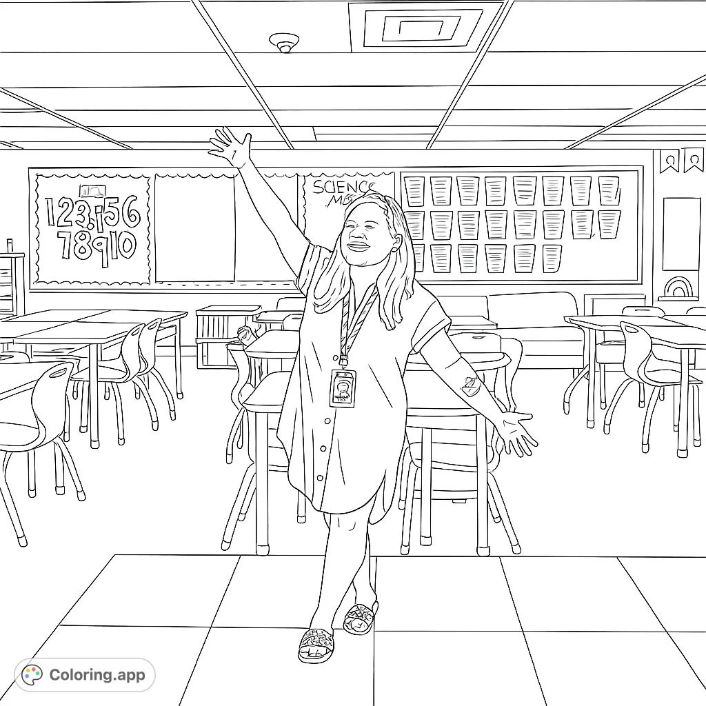 A cheerful teacher stands in a vibrant classroom, ready for learning. This free printable classroom teacher coloring page is perfect for school-themed fun and creativity.