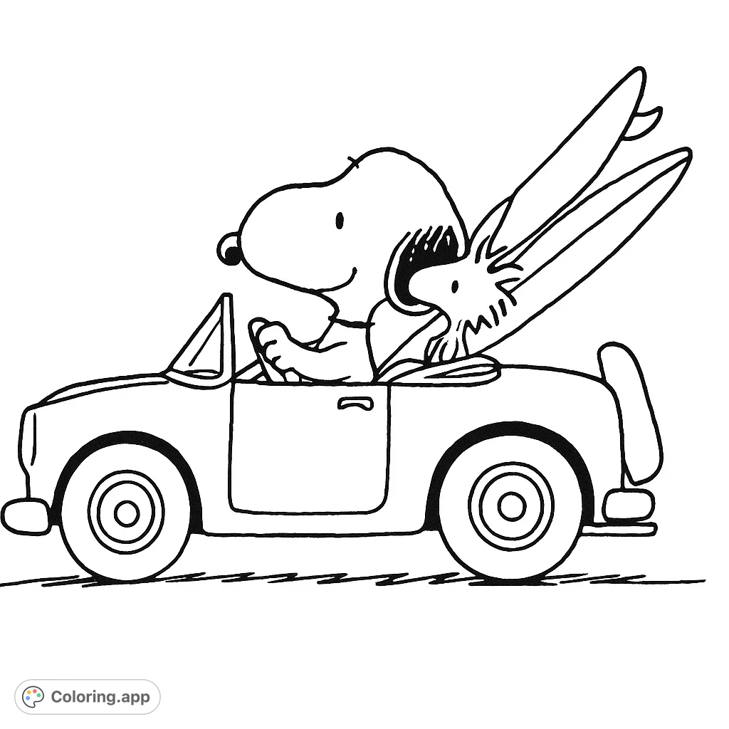 Join Snoopy and Woodstock on a fun road trip in their convertible, complete with surfboards! A delightful cartoon adventure for all ages.