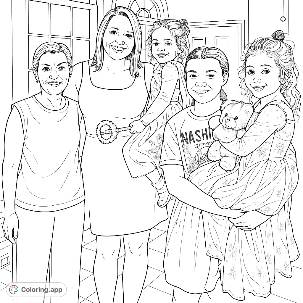 A heartwarming family portrait featuring two adults and three girls, two dressed as princesses, perfect for a joyful coloring experience. Free printable family coloring page.