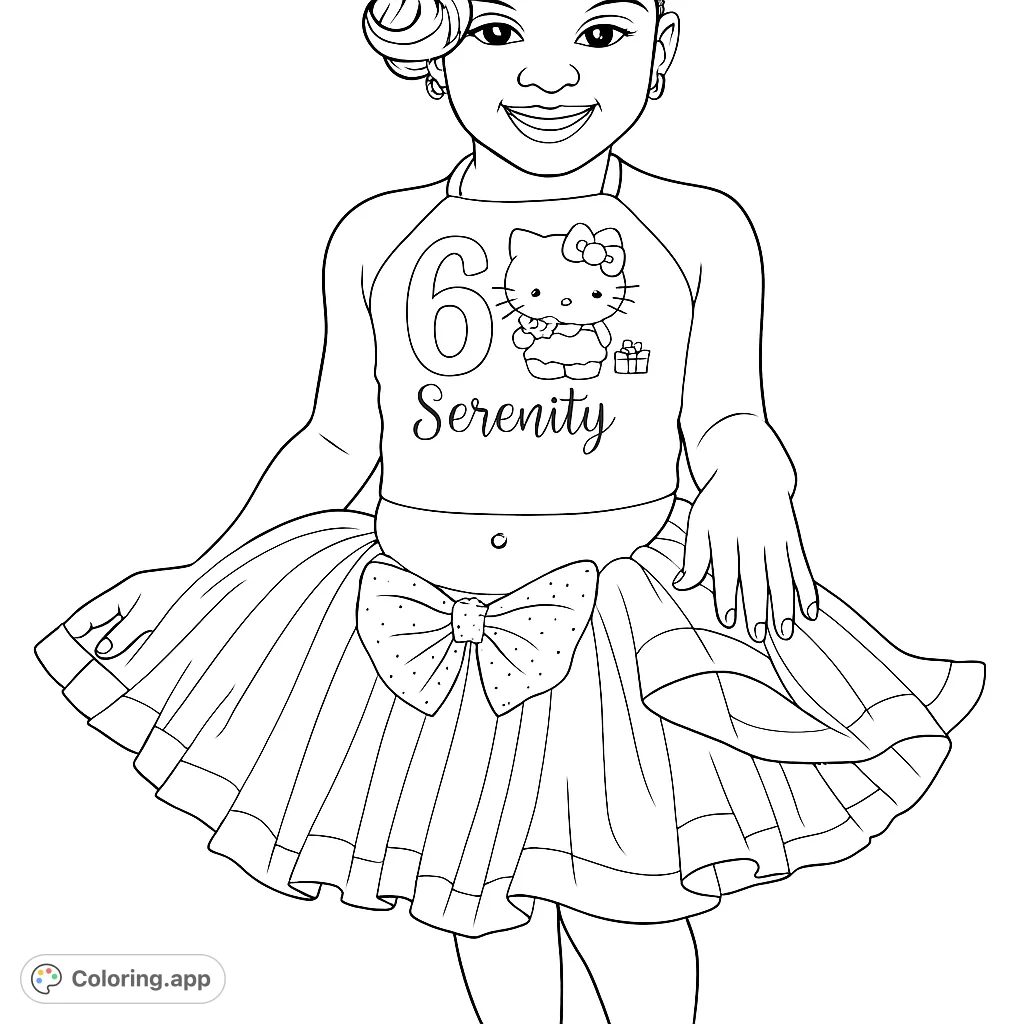 A delightful coloring page featuring a young girl in a festive tutu and a personalized top, perfect for celebrating special moments and creative expression.