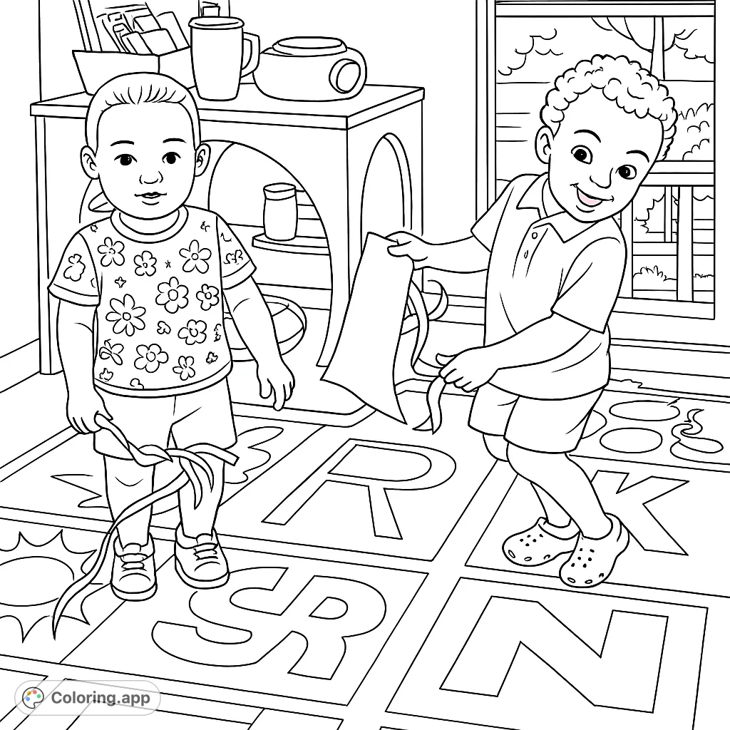 Two children joyfully playing indoors with toys on a patterned rug, perfect for a fun and engaging coloring activity.