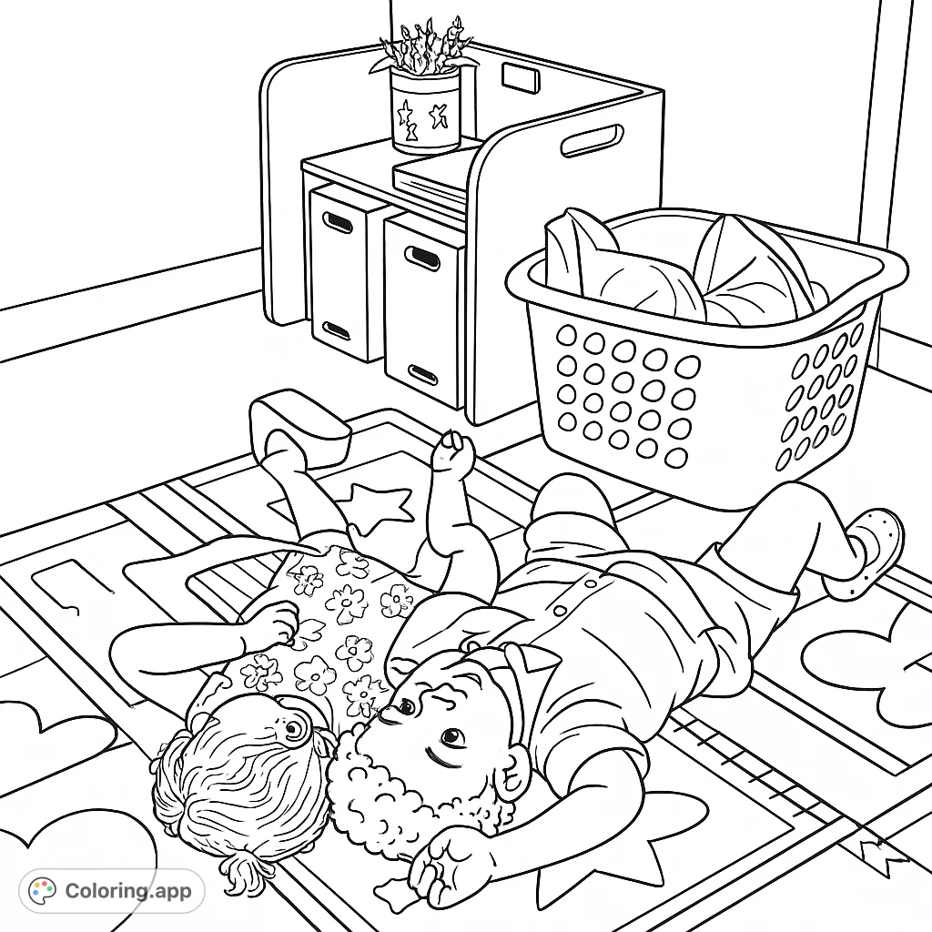 Two children relax on a vibrant, patterned rug, surrounded by everyday objects. A heartwarming scene perfect for creative expression and mindful coloring.