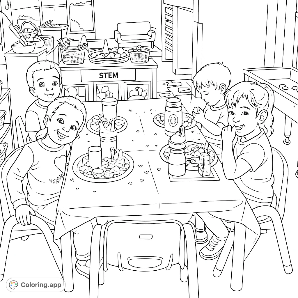 A delightful scene of children enjoying a meal at a classroom table, filled with smiles and playful moments. Perfect for young colorists.
