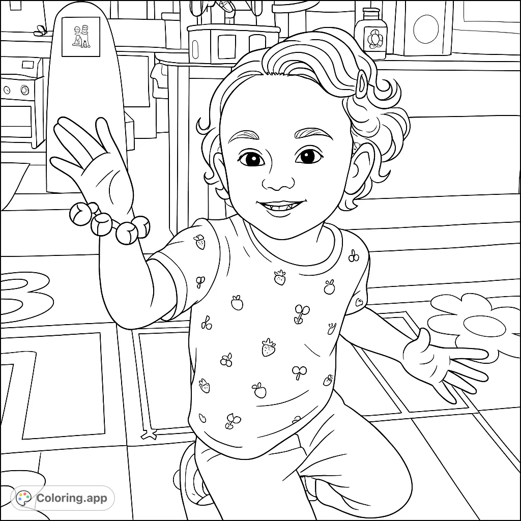 A delightful coloring page featuring a happy child kneeling on a patterned rug, waving, perfect for young artists to explore creativity.