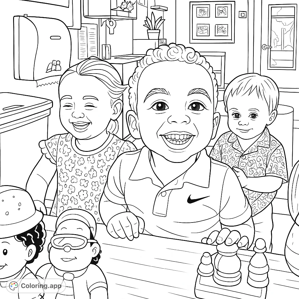 Capture the joy of childhood with three happy children playing in a classroom, surrounded by toys and a lively atmosphere. Perfect for young artists!