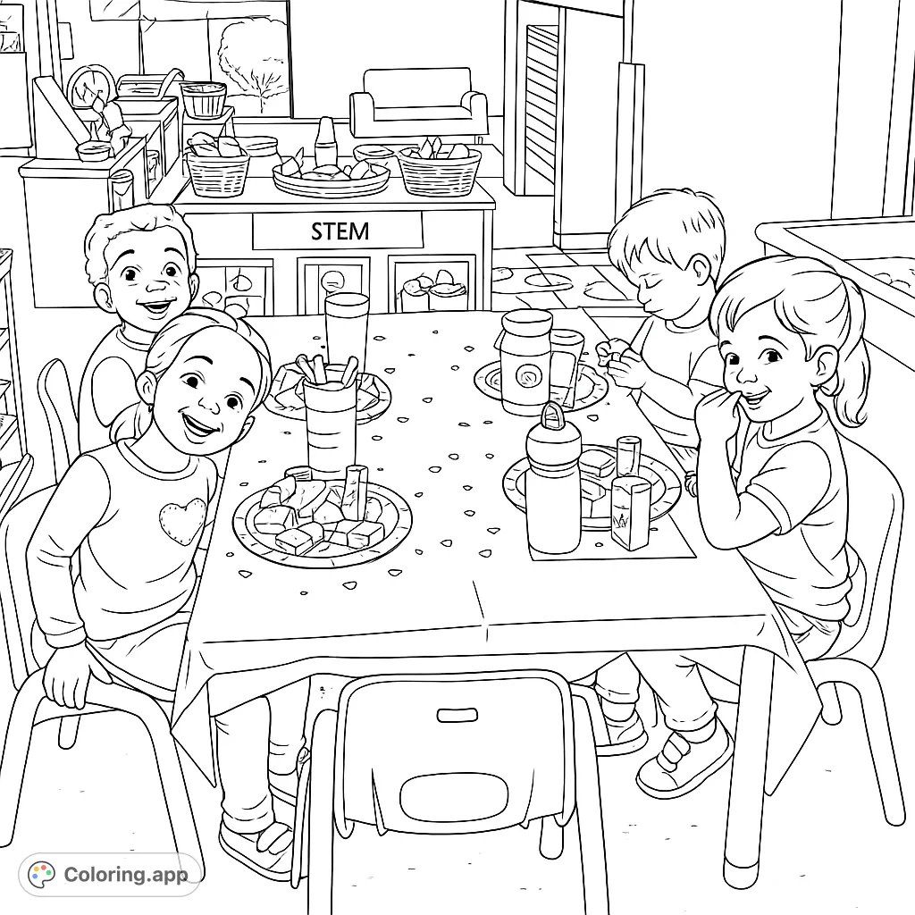 Capture the joy of a classroom snack time with this happy kids coloring page. Features children, a decorated table, and classroom details.