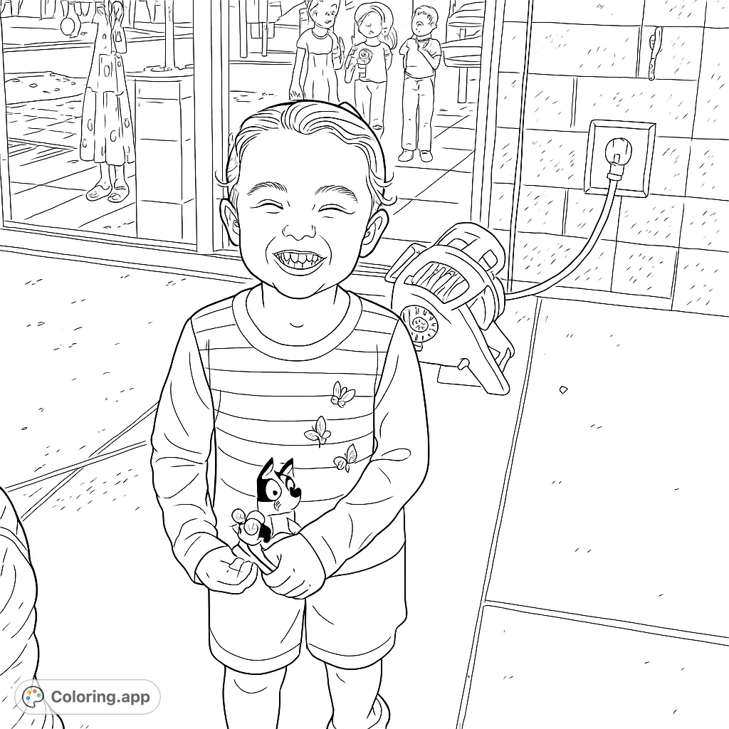 A joyful child with a wide smile, wearing a striped shirt with butterflies and a character design, standing in front of a window and brick wall.