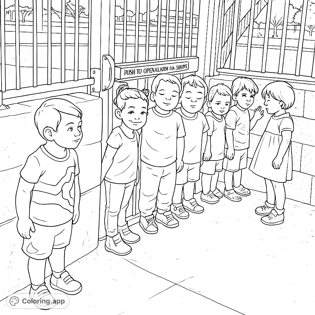 A charming scene of children waiting patiently by a fence and wall, perfect for a kids coloring page. Features multiple figures and background details.