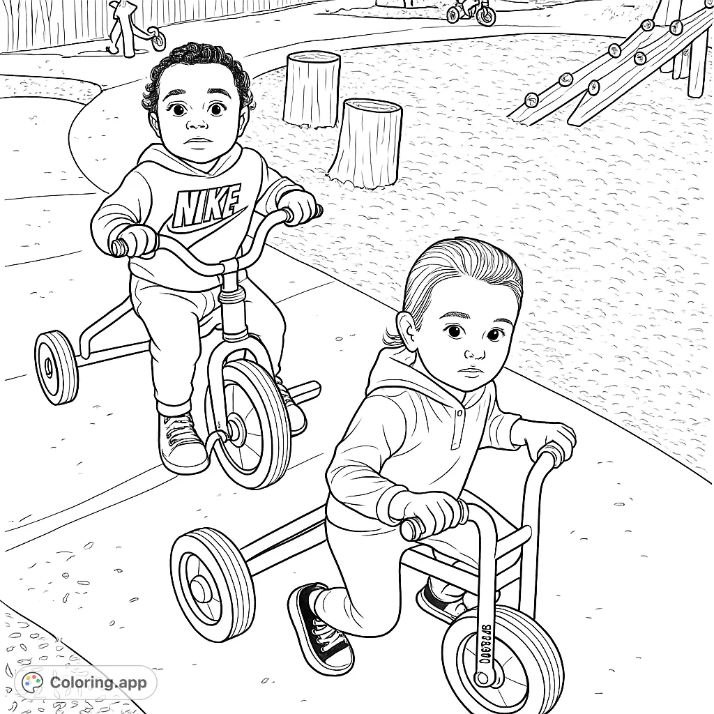 Two cheerful children enjoy riding their tricycles on a sunny playground, ready for a fun coloring adventure. Perfect for young artists!