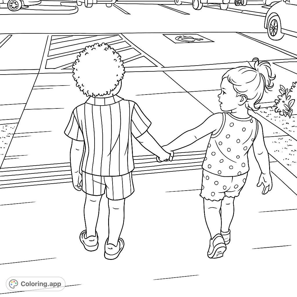 A heartwarming scene of two young children holding hands, exploring the world together. Perfect for a free printable kids coloring page.
