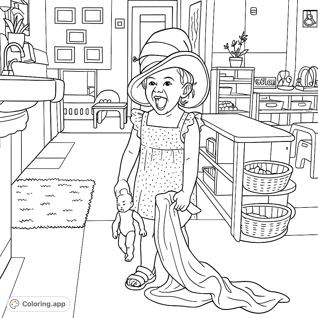 A joyful toddler in a whimsical oversized hat, holding a doll and fabric, ready for a fun coloring adventure in a playful classroom setting.