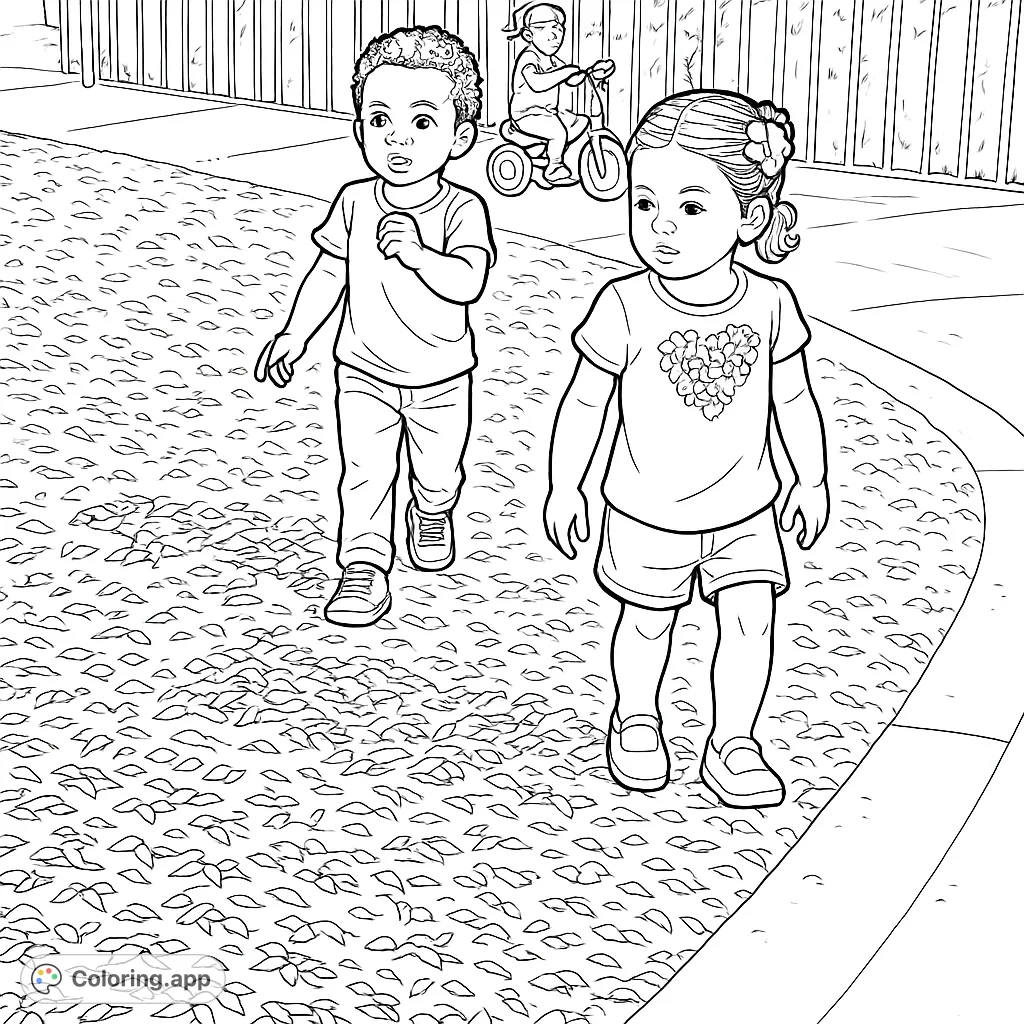 A delightful playground scene featuring children exploring wood chips and a tricycle, perfect for young artists to bring to life.