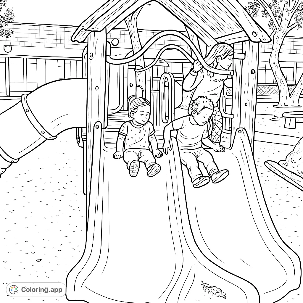 A lively playground scene featuring children ready to slide down, perfect for young artists to explore creativity and bring the fun to life.