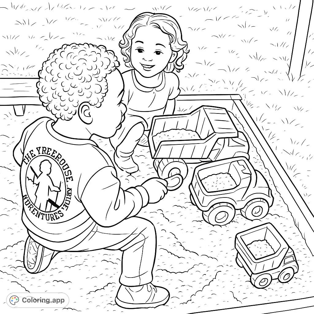 Two happy children enjoy playtime in a sandbox with toy dump trucks. A delightful scene for young colorists to bring to life.