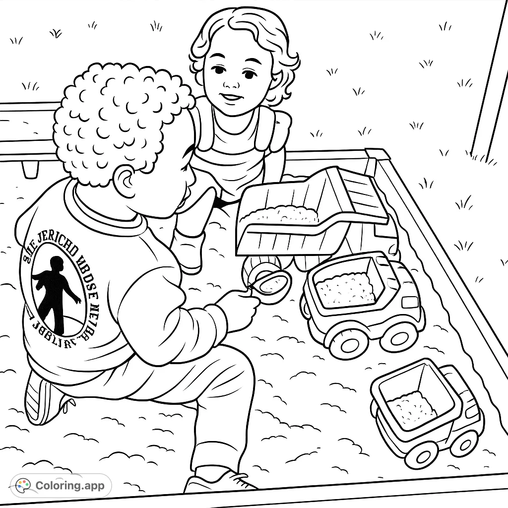 Two children enjoy a sunny day playing in a sandbox with toy dump trucks. A delightful scene for young colorists to bring to life.
