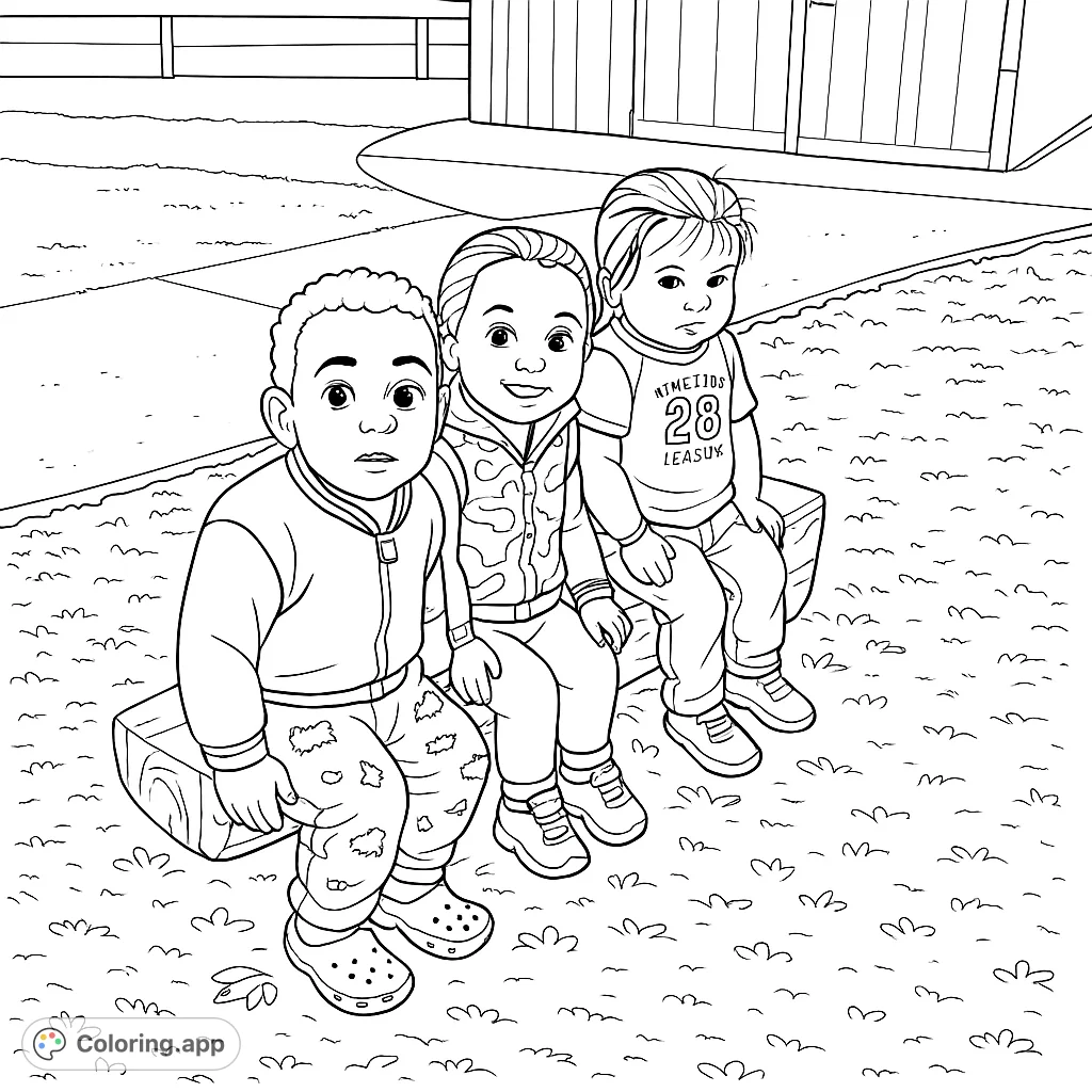 A heartwarming scene of three young children sitting together on a wooden bench at a playground, ready for your creative touch.