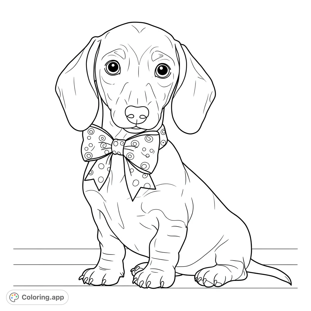 An adorable wiener dog puppy with a charming bow, ready for a creative splash of color. Perfect for dog lovers and aspiring artists.