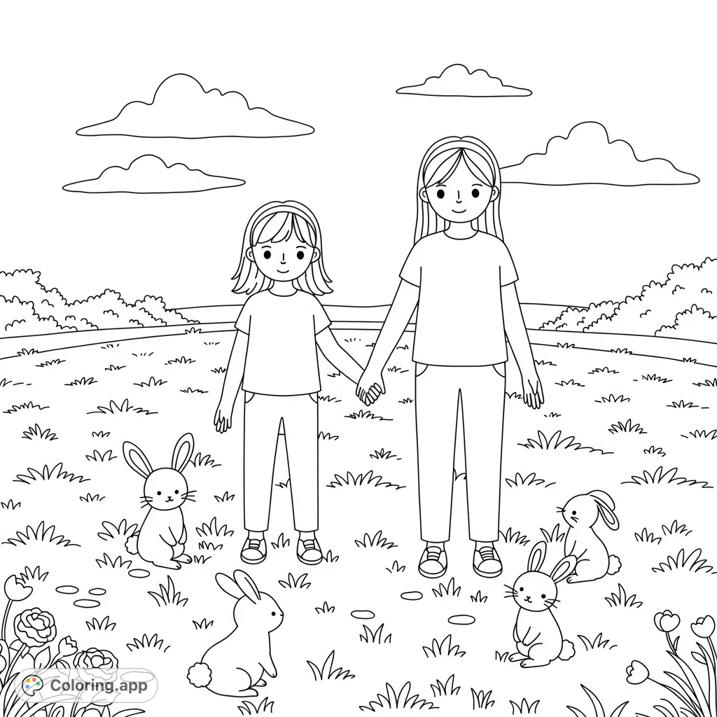 A heartwarming scene of two girls holding hands, surrounded by three adorable bunnies in a sunny field. A delightful girls and bunnies coloring page.