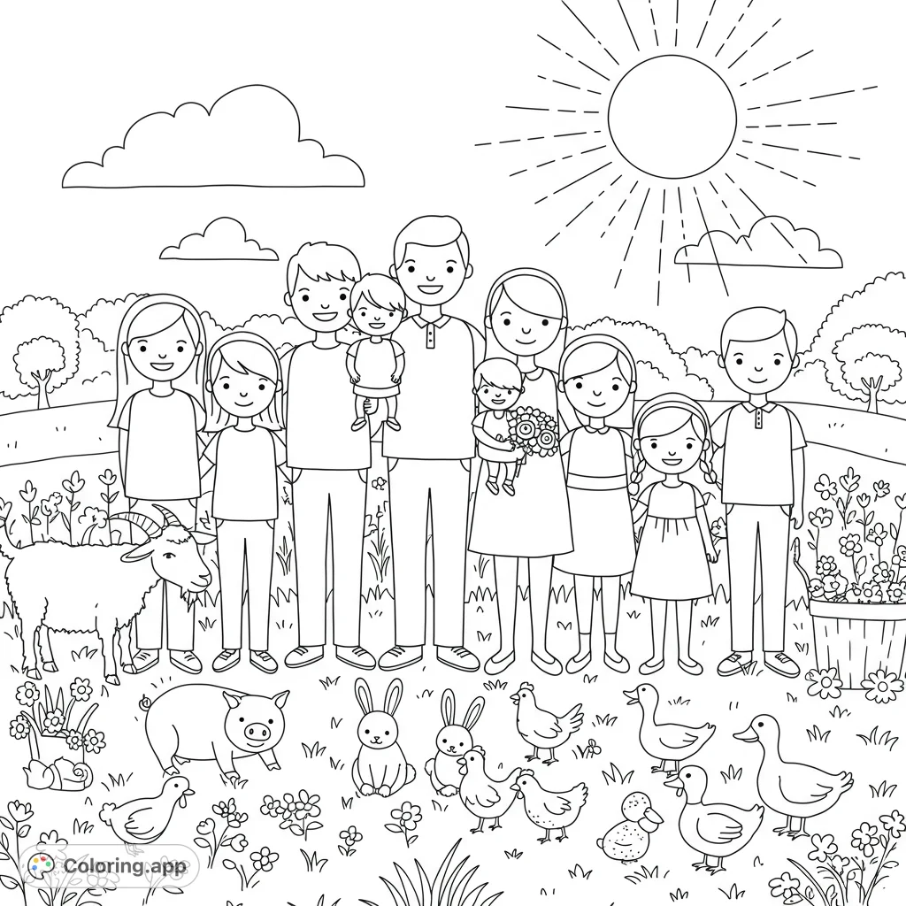A heartwarming family coloring page featuring a dad, mom, and five children amidst a sunny farm scene with friendly animals. Perfect for kids and adults!