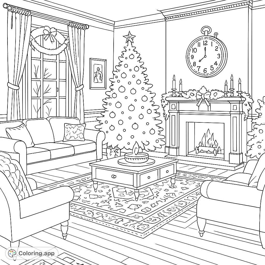 Step into a cozy Christmas living room coloring page, featuring a decorated tree, crackling fireplace, and festive decor. Perfect for holiday relaxation!