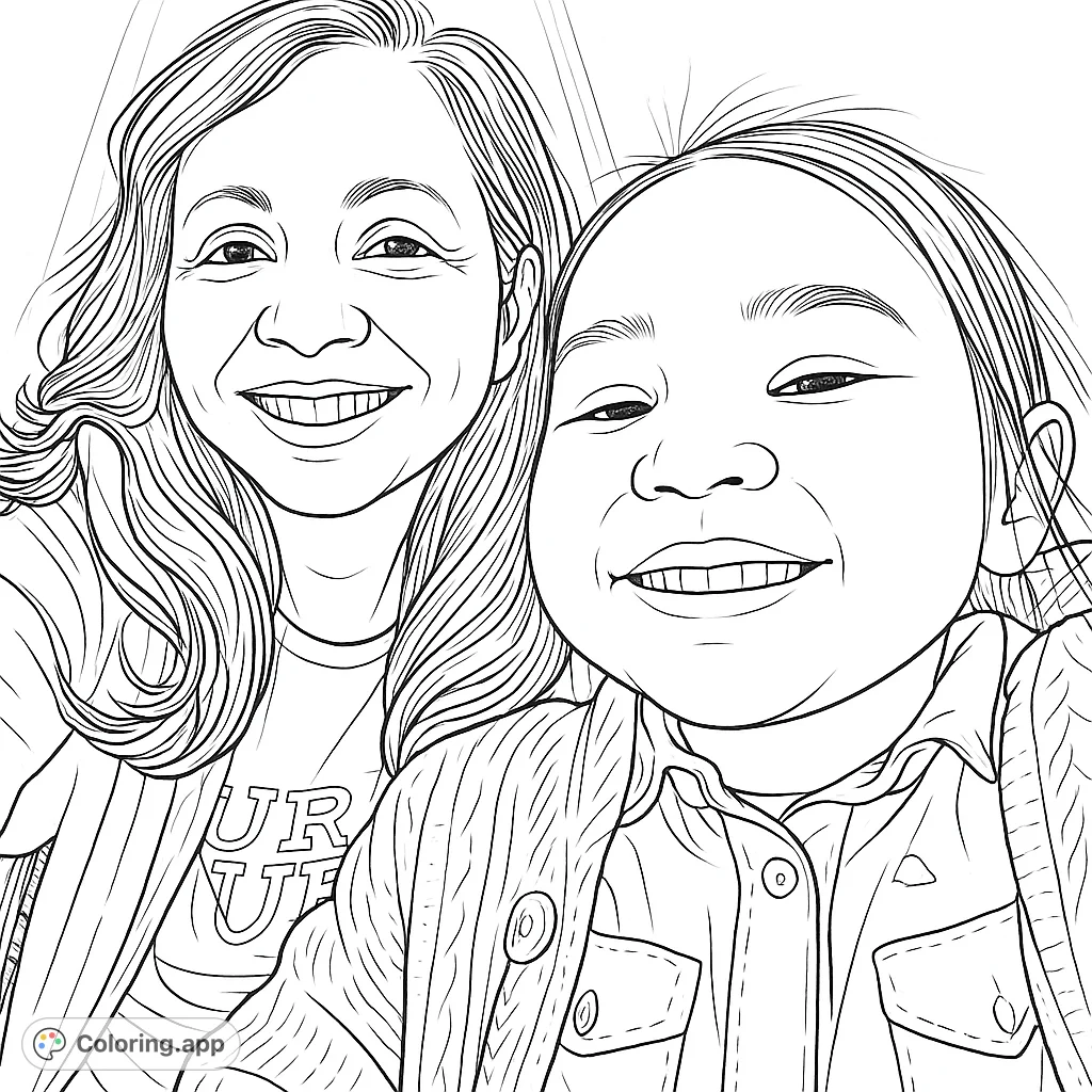 Capture a heartwarming moment with this family portrait coloring page featuring a smiling adult and child. Perfect for all ages to enjoy.
