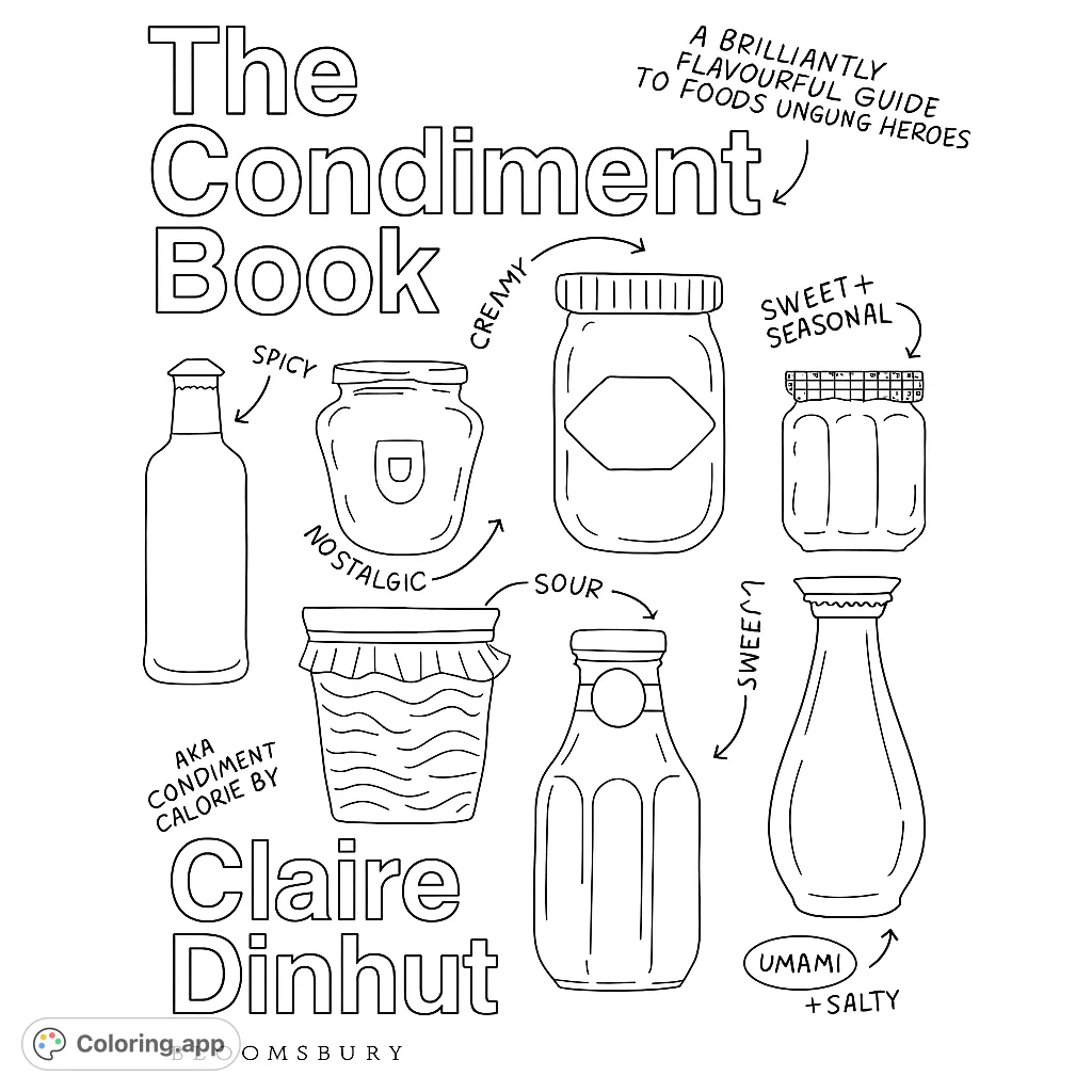 A delightful assortment of condiment jars and bottles, perfect for food enthusiasts. Explore various shapes and textures in this unique culinary coloring page.