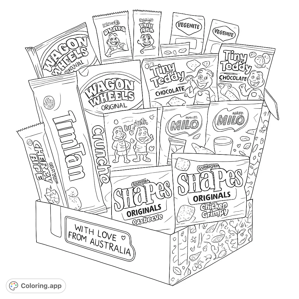 Discover a delightful Australian snack box coloring page, packed with iconic treats and detailed packaging, perfect for a fun and engaging coloring experience.