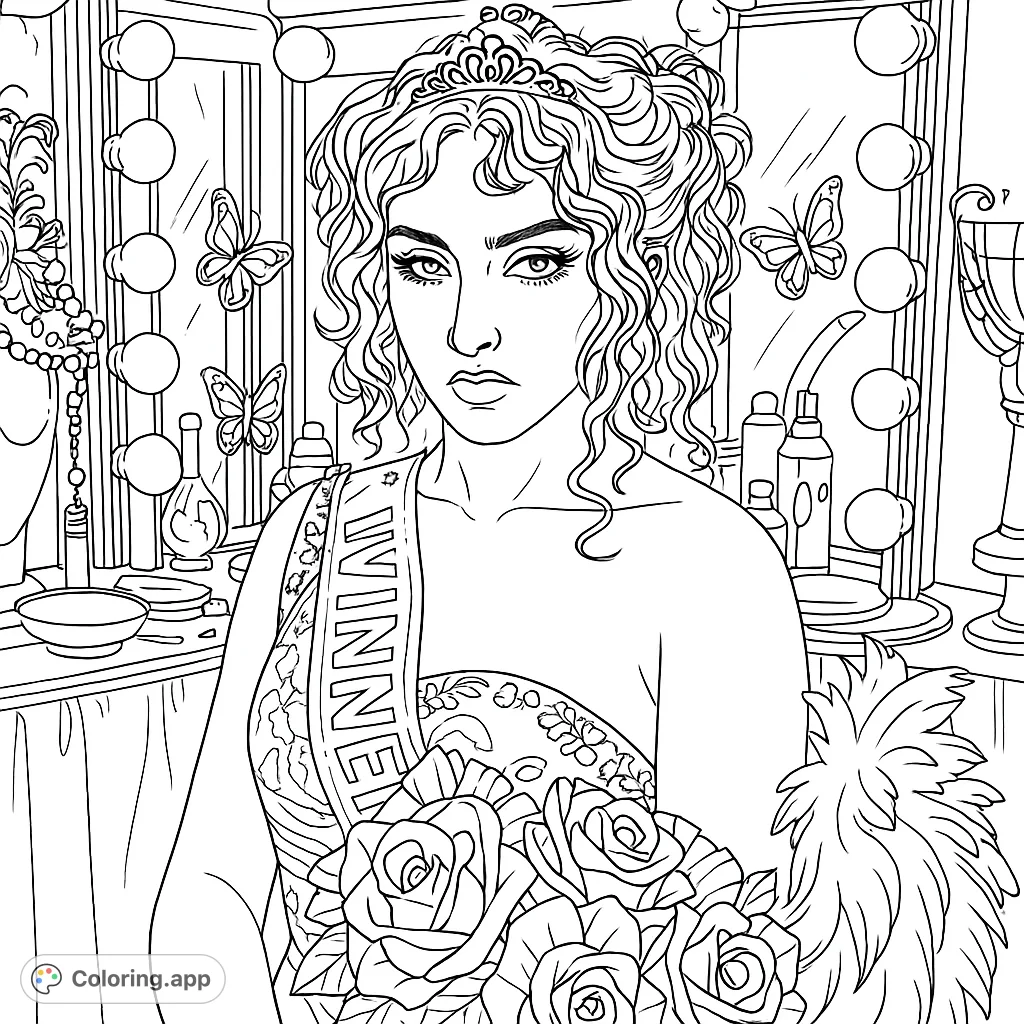 Capture the dramatic allure of a performer in a dazzling dressing room, complete with a tiara, embellished gown, and a reflective mirror.