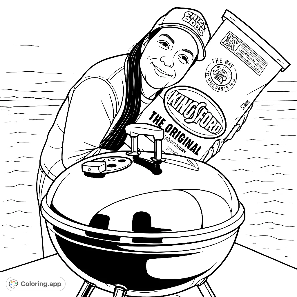 Get ready for a fun beach BBQ! This coloring page features a person holding charcoal next to a grill on a sandy shore, perfect for outdoor cooking enthusiasts.