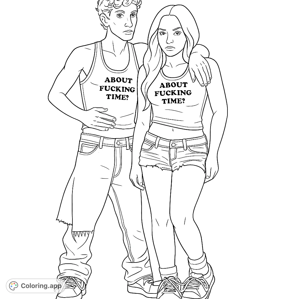 Color a confident modern duo in edgy attire, featuring detailed clothing and a bold statement. Perfect for those who enjoy contemporary fashion and expressive art.