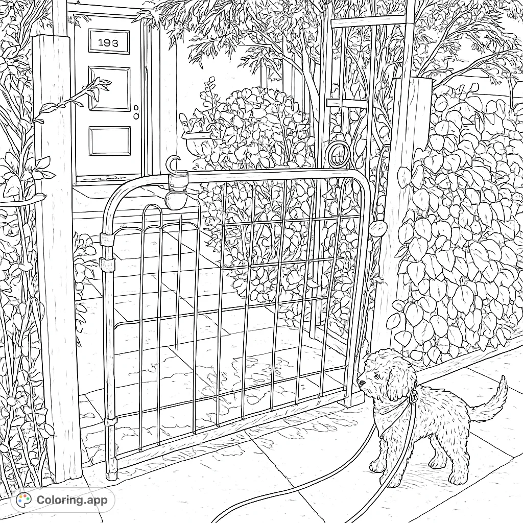 A fluffy puppy stands curiously at an open ornate gate, inviting you to explore a charming home entrance scene. Perfect for dog lovers.