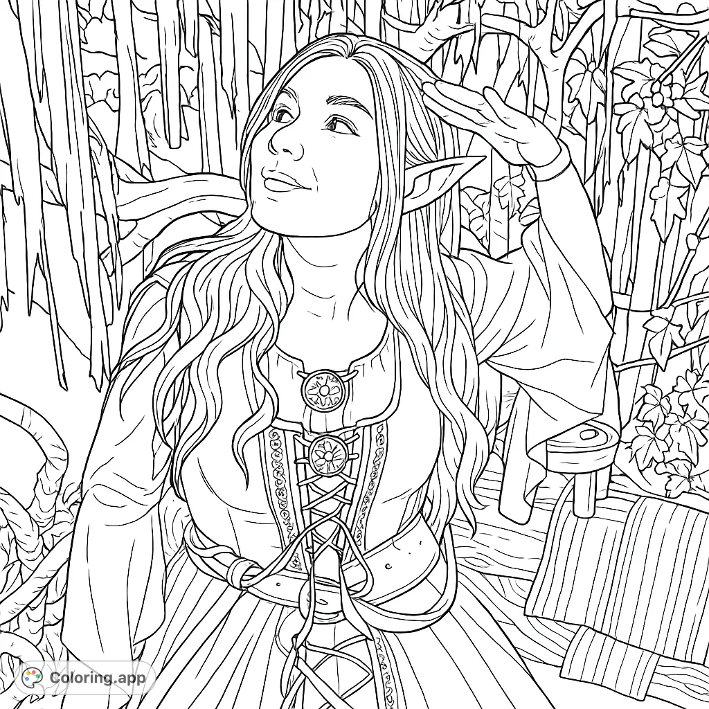 Discover an enchanting elf maiden in a fantasy setting, featuring intricate costume details and a whimsical background. A magical fantasy coloring page.