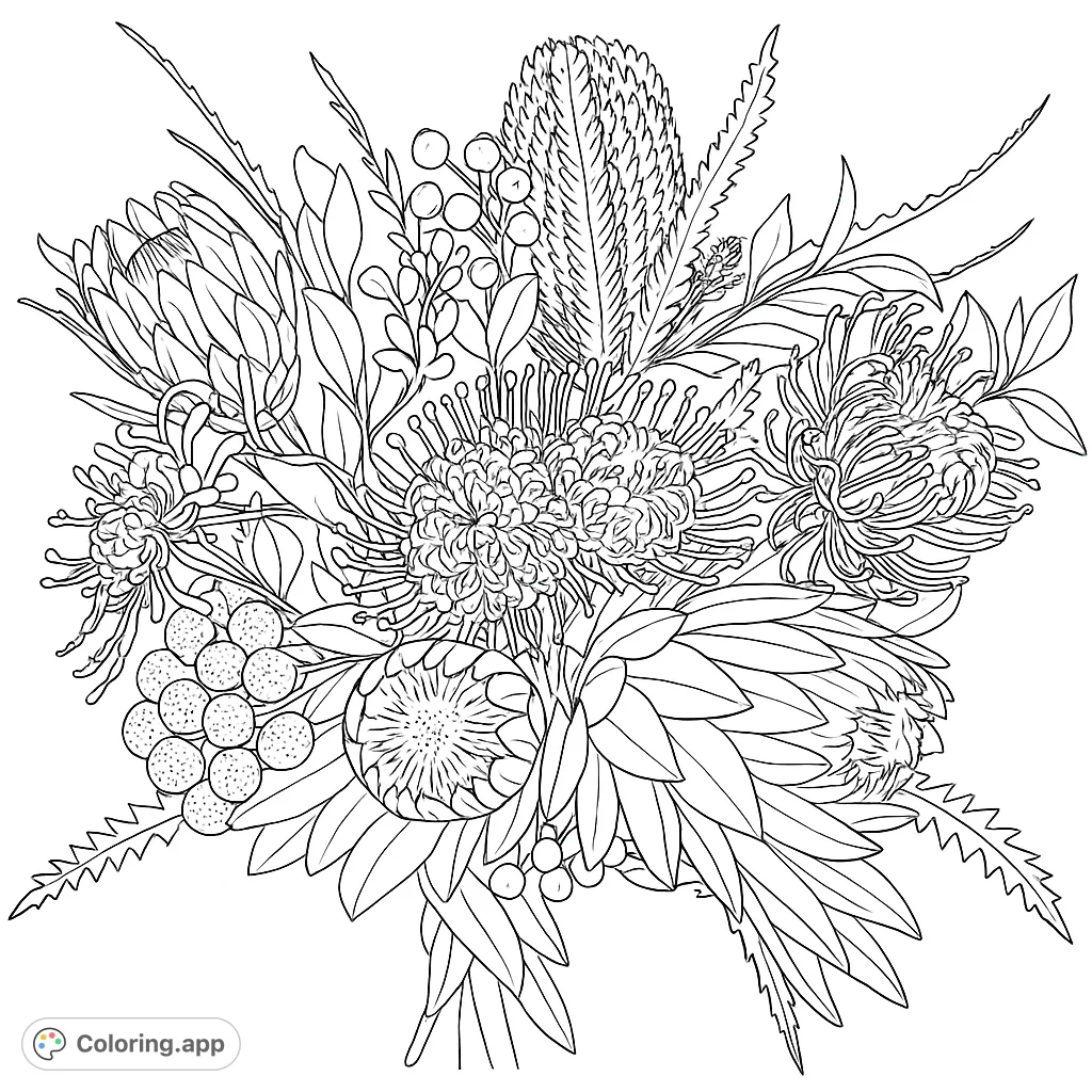 Discover an intricate exotic botanical bouquet coloring page, featuring unique flowers, textured foliage, and berries for a captivating artistic experience.