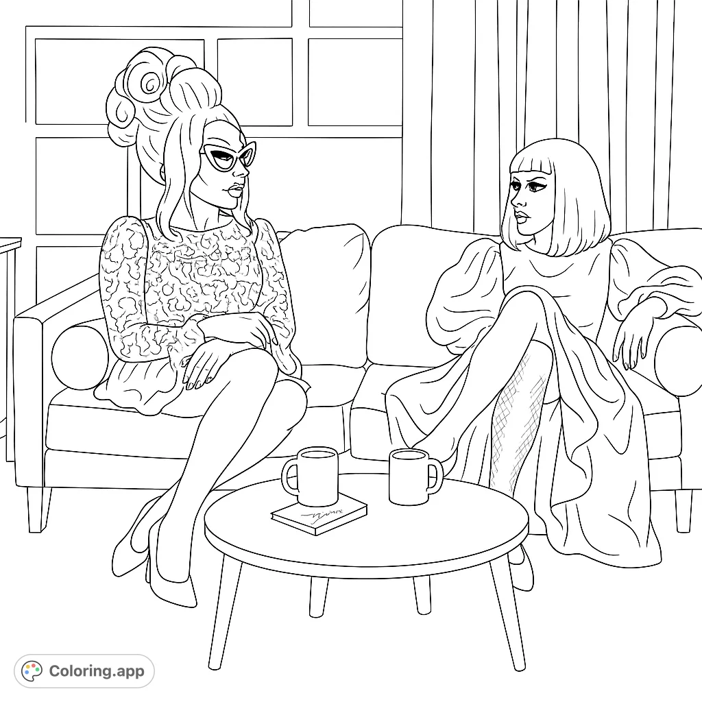 Two fabulous figures in elaborate attire and wigs, seated on sofas in a split-themed room, ready for a creative coloring session.