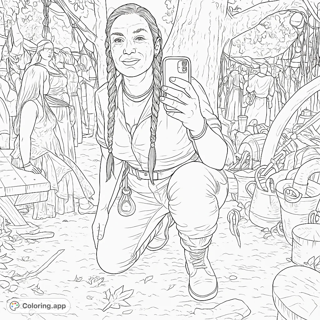 Capture a unique fantasy festival moment with this detailed coloring page. Features a person taking a selfie amidst a lively, rustic outdoor gathering.