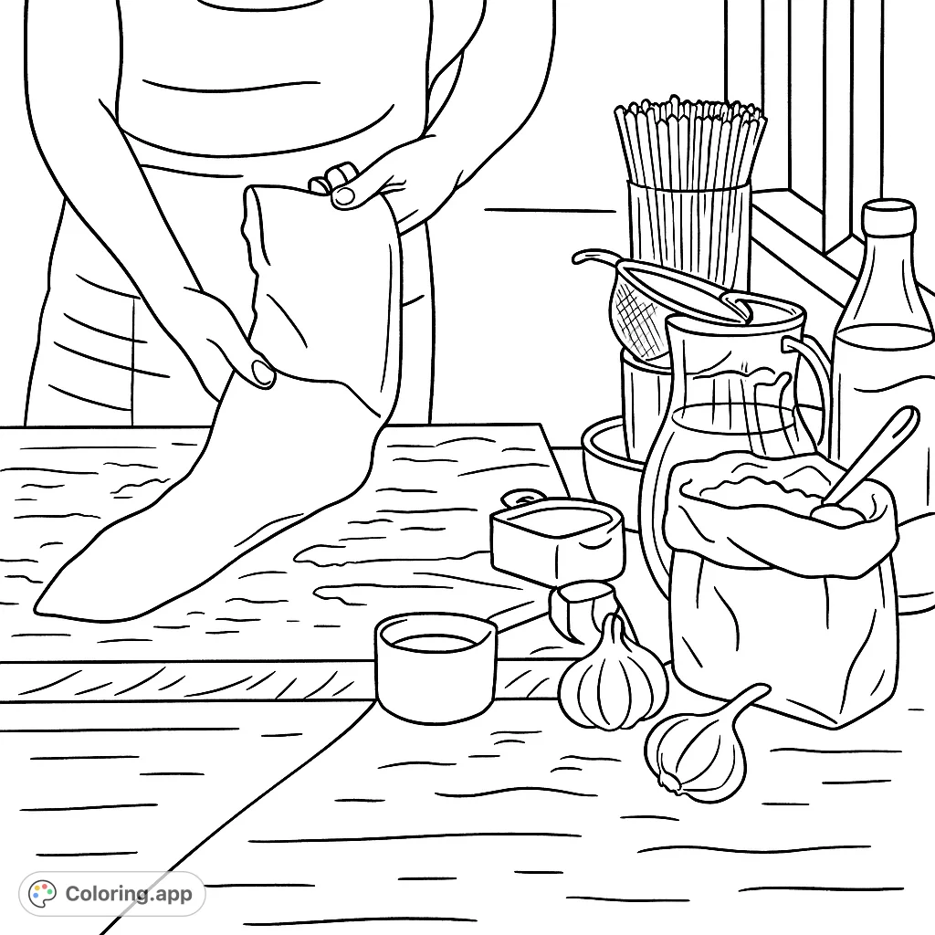 A detailed kitchen scene featuring hands holding fresh pasta dough, surrounded by cooking ingredients and utensils. Perfect for food enthusiasts.