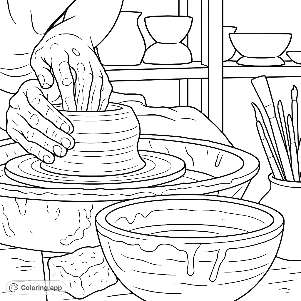 Experience the art of pottery with this detailed coloring page. Hands covered in clay shape a pot on a spinning wheel, surrounded by tools and finished pieces.