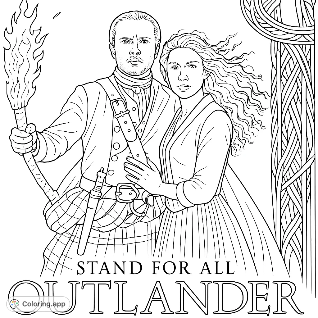 An epic Highlander couple stands with a torch and a Celtic cross, ready for adventure. A detailed historical fantasy coloring page for fans.