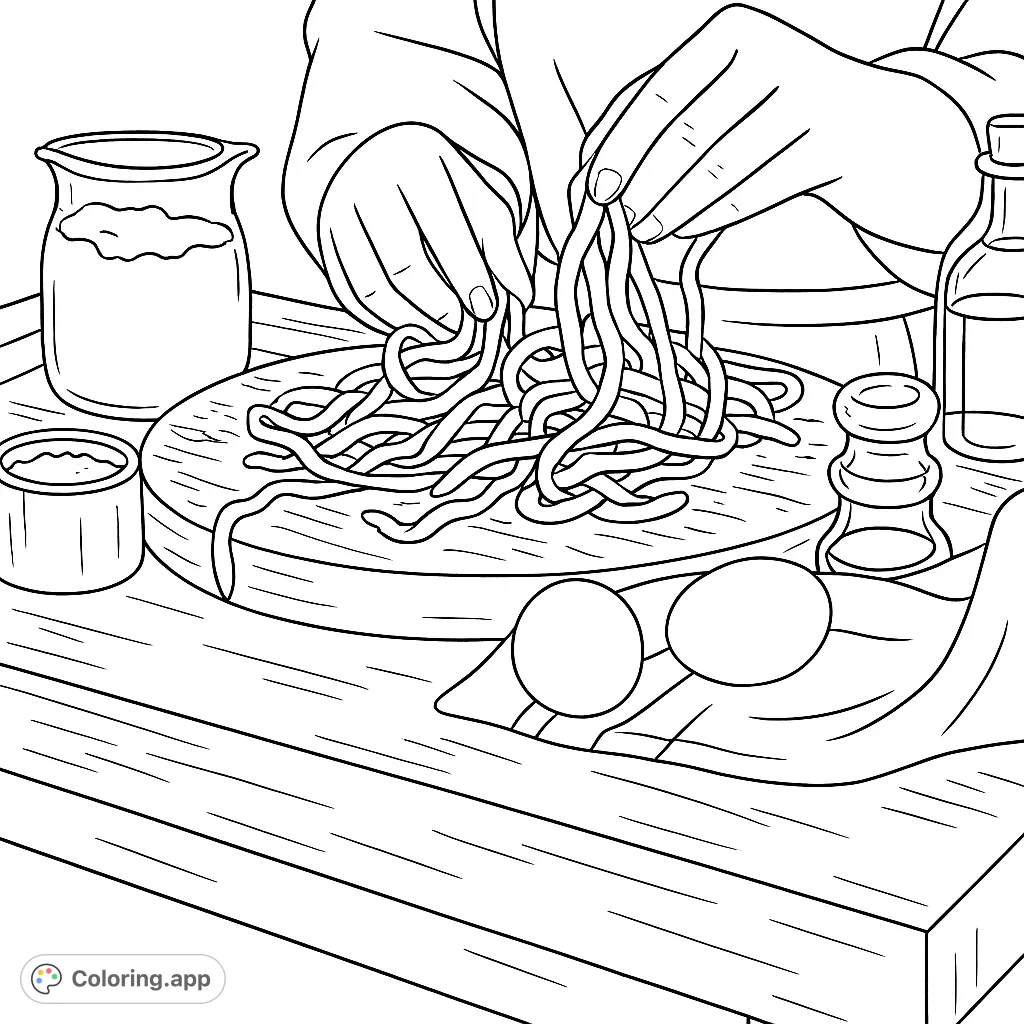 Discover the joy of homemade pasta with this detailed coloring page. Hands shape fresh noodles on a rustic kitchen table, surrounded by ingredients.