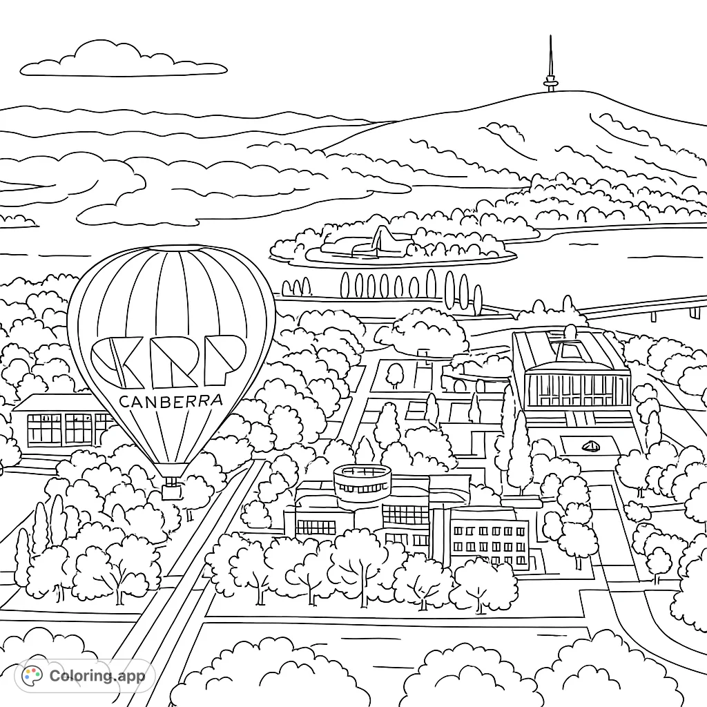 Soar above a vibrant city with a majestic hot air balloon. Explore detailed buildings, a serene lake, and lush landscapes in this captivating aerial scene.