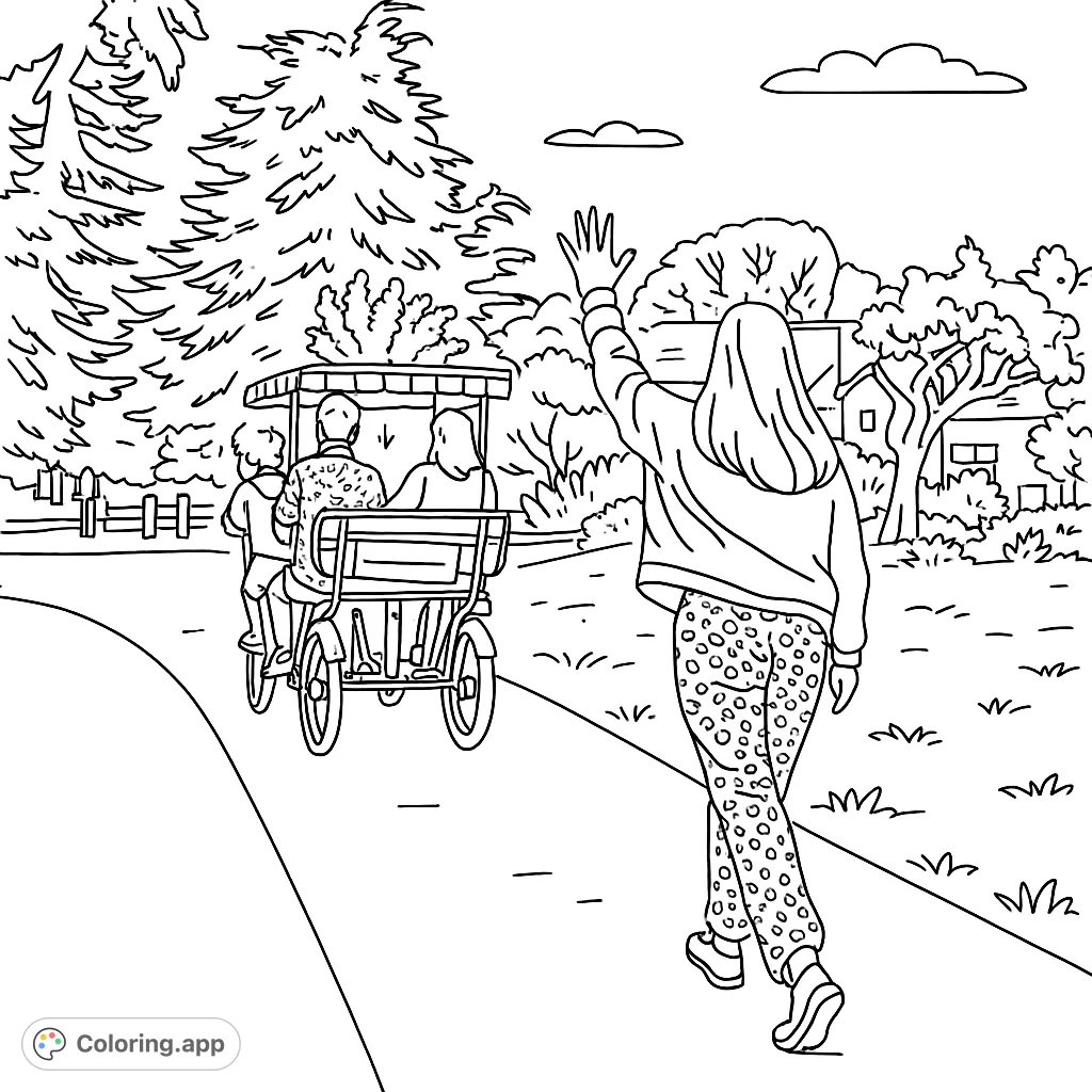 Enjoy a fun park scene with a waving figure and a multi-person pedal bike. Perfect for a relaxing outdoor adventure coloring page.