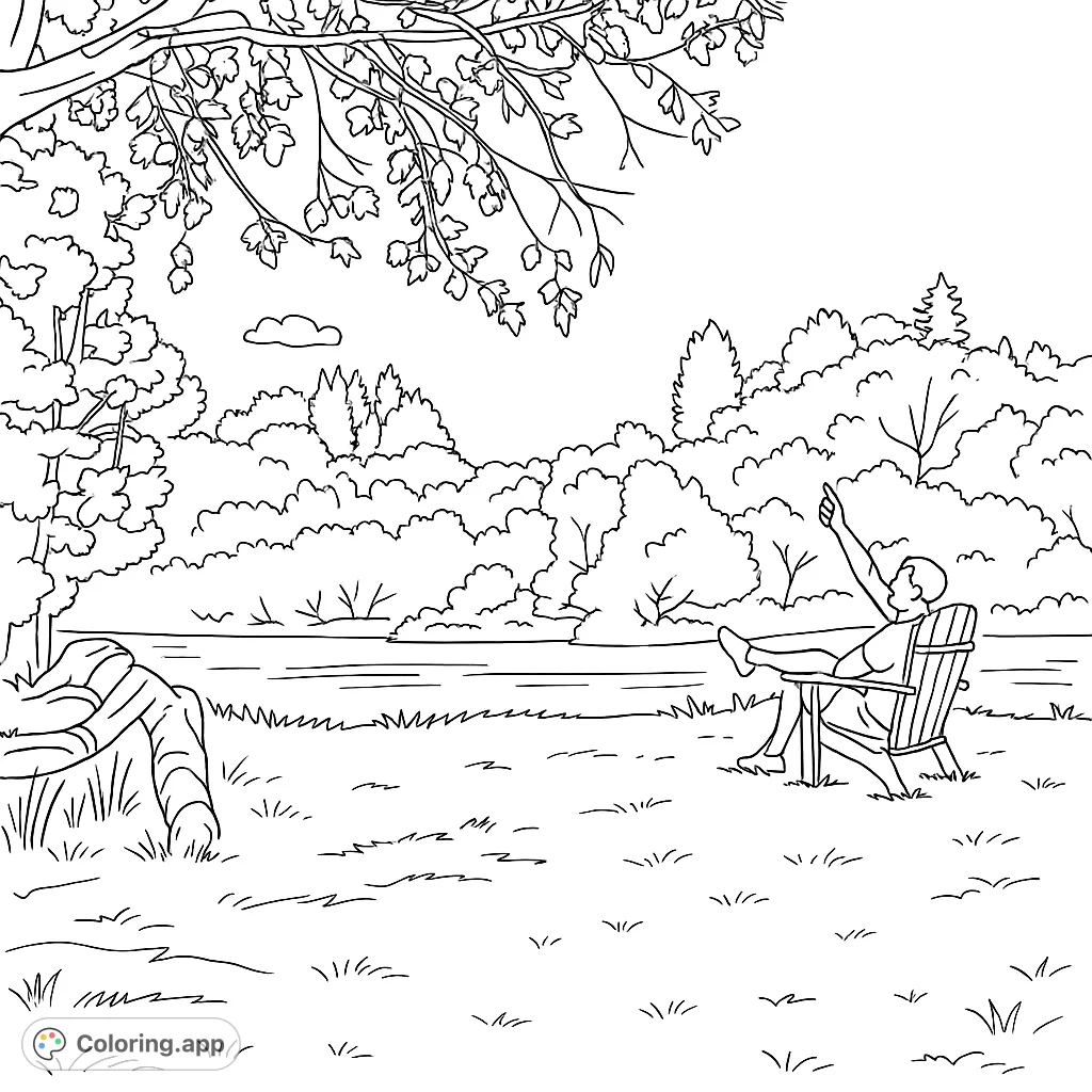 A serene riverbank scene featuring a person relaxing in an Adirondack chair under a tree, with a flowing river and lush forest in the background.