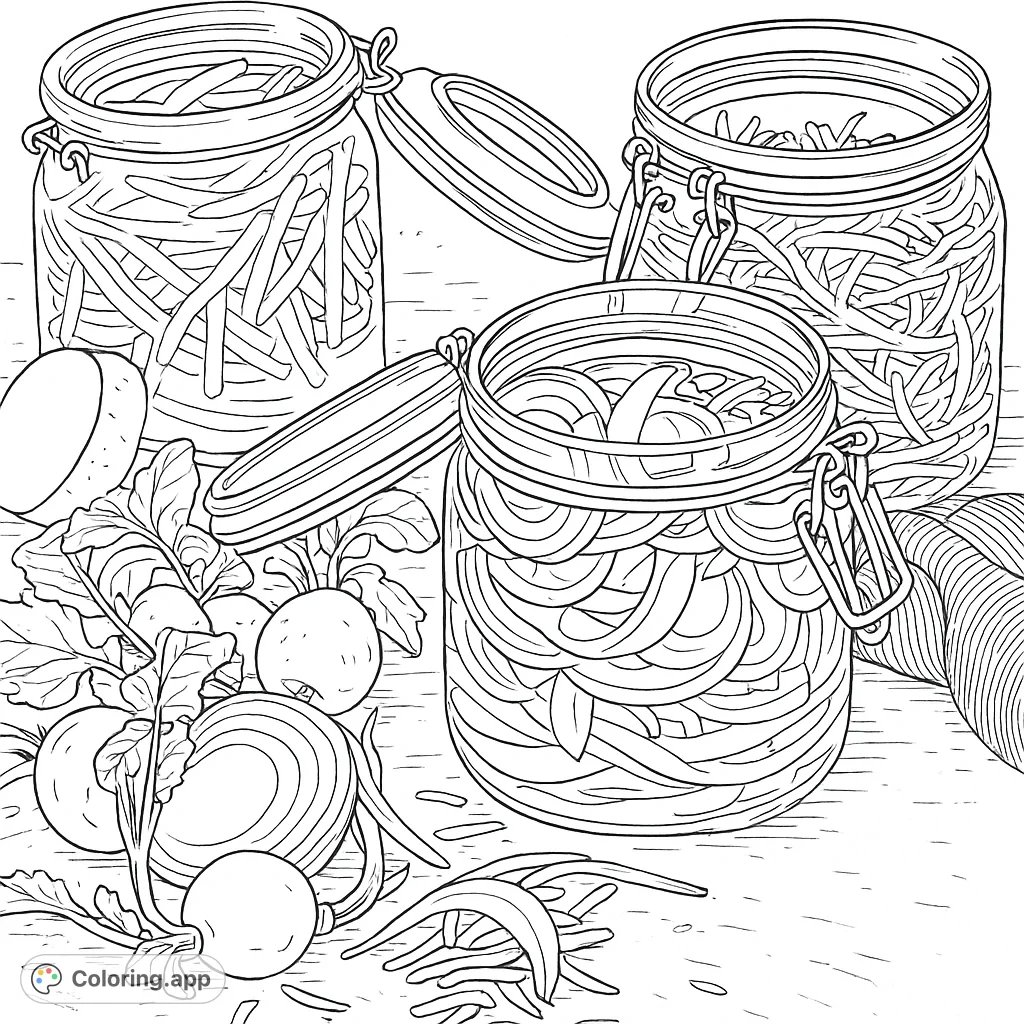 Three glass jars filled with various pickled vegetables, surrounded by fresh produce on a textured surface. A delightful kitchen scene.
