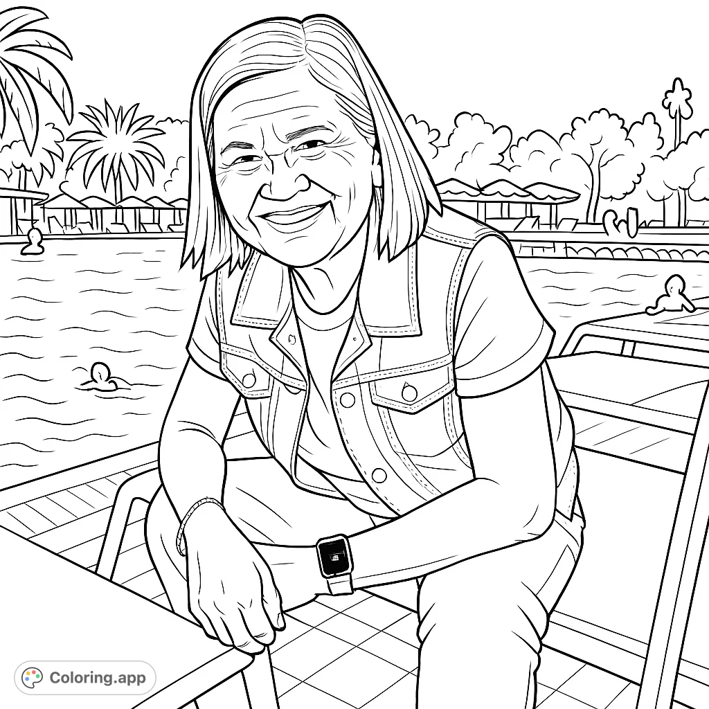 A cheerful woman enjoys a sunny day by the pool, perfect for a relaxing coloring experience. Features a detailed figure and a serene aquatic background.
