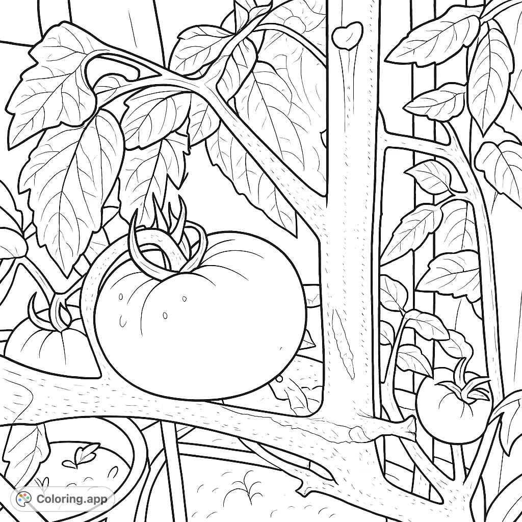 Discover a detailed tomato plant coloring page featuring a ripening fruit and lush foliage. Perfect for nature lovers and gardening enthusiasts.