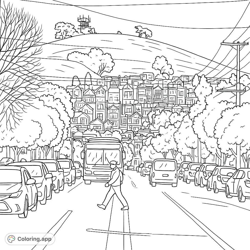 Explore a dynamic urban street scene with a pedestrian, vehicles, and a detailed hillside city backdrop. Perfect for city life enthusiasts.